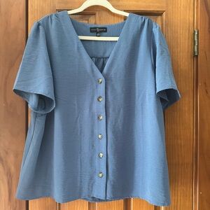 Fred David Blouse Top Women’s 1X Denim Blue V-Neck Button Front Flowy Spring